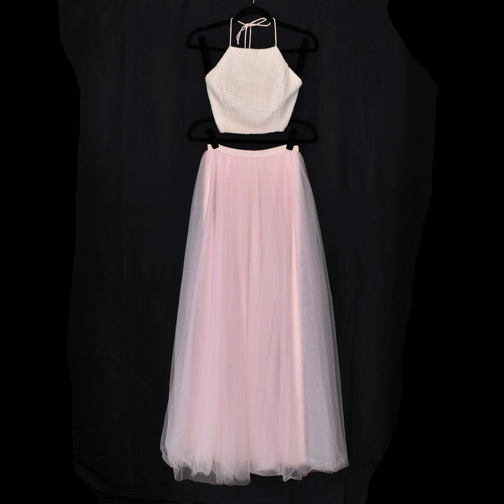 Fame and Partners Pink Tulle Two Piece Set Halter Crop Top Maxi Skirt Size 0